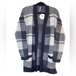 Love by Design Navy & Ivory Plaid Open Front Cardigan Sweater NWT Size L